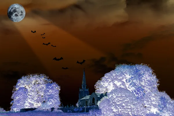 Morcegos voando acima da igreja — Fotografia de Stock