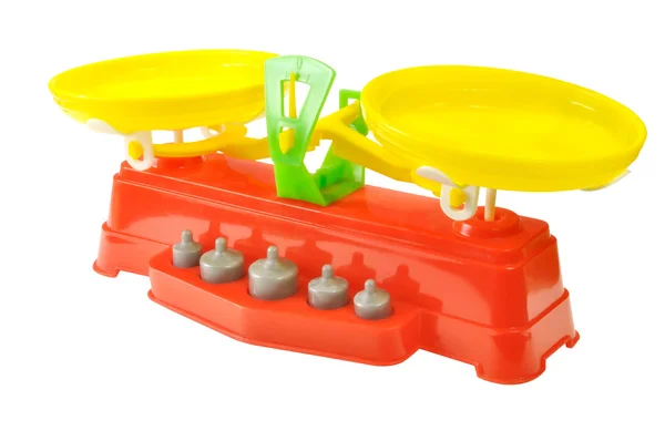 Balanças Brinquedo Com Pesos Plástico Colorido Contra Fundo Branco — Fotografia de Stock