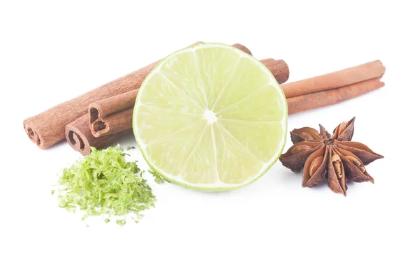 Lime, cinnamon, anis and peel — Stock Photo, Image