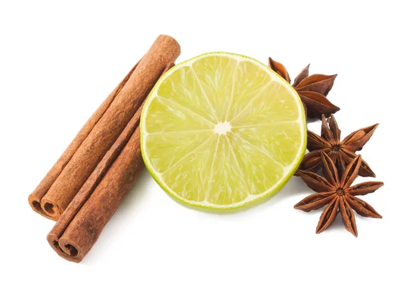 Lime Cinnamon Anis Isolated White Background — Stock Photo, Image