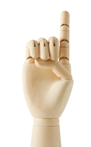 Trä Dummy Hand Med Ett Finger Upp Vit — Stockfoto