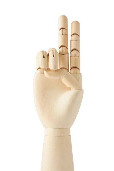 Trä dummy hand med två fingrar upp — Stockfoto