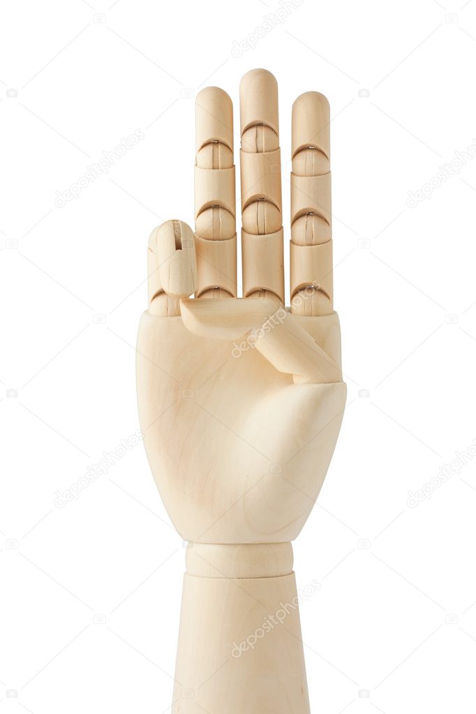 Wooden dummy hand with three fingers up — Stock Photo © mbongo 4653729