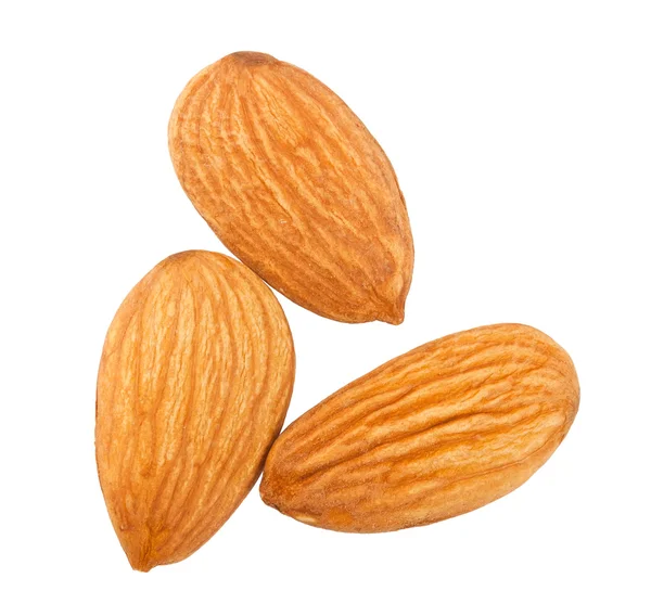 Tři Mandlové Ořechy Izolovaných Bílém Pozadí — Stock fotografie
