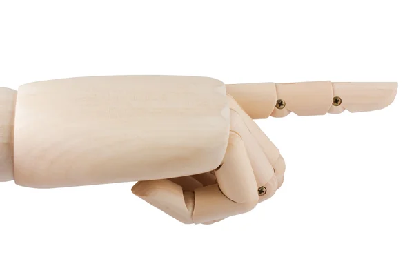 白い背景で隔離の指で木製手ポイント — ストック写真