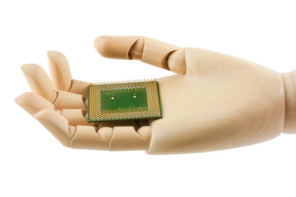Trä handen håller en processor — Stockfoto