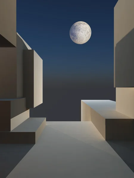 An abstract illustration of a framed stage background with full moon.