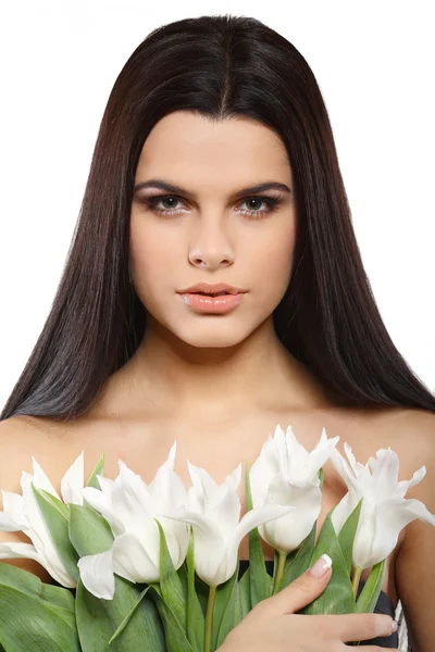 Bella ragazza con tulipani — Foto Stock
