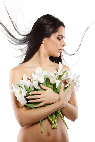 Hermosa joven con tulipanes — Foto de Stock