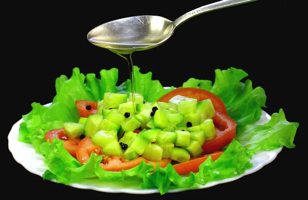 Saláta, paradicsom, uborka, alma, fejes saláta, bors és olívaolaj Jogdíjmentes Stock Fotók