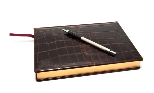 Diário de couro e caneta — Fotografia de Stock
