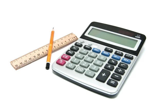 Stock image Pencil, ruler, calculator on a white background