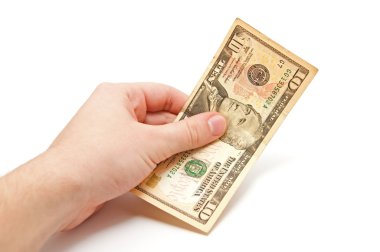 Hand holds a 10 dollar bill clipart