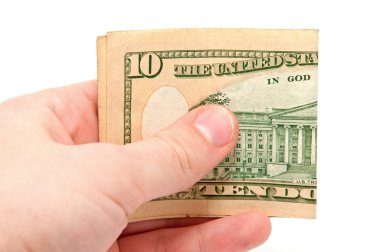 Hand holds a 10 dollar bill clipart