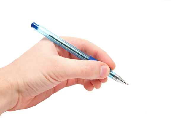 Hand Holds Blue Pen White Background Stock Picture