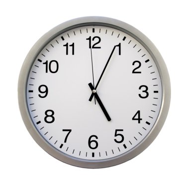 Five o'clock on the white wall clocks (isolated) clipart