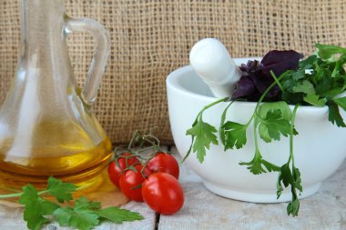 Mortar and pestle with herbs clipart