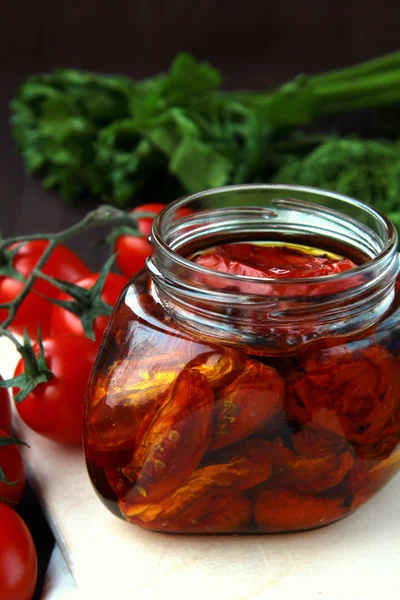 Italian Sun Dried Tomatoes Olive Oil Glass Jar — Stock Photo, Image