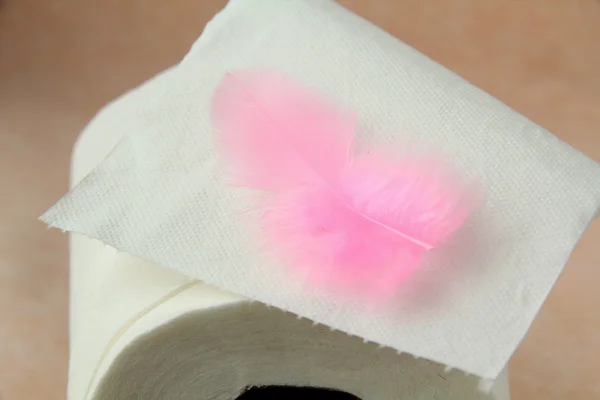 Weiße Rolle Toilettenpapier Und Ein Rosafarbenes Federsymbol Der Sanftheit — Stockfoto