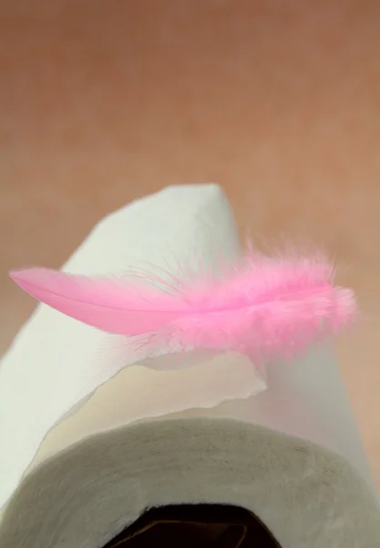 トイレット ペーパーと優しさの象徴でピンクの羽の白いロール — ストック写真