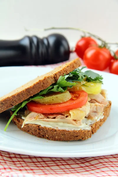 Big Healthy Sandwiches Made Whole Grain Bread Turkey Breast Vegetables — Stock Photo, Image