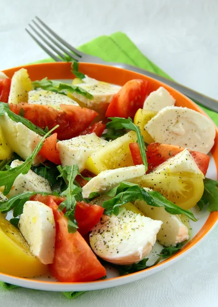 Salát s rajčaty a sýrem rukolou a olivovým olejem — Stock fotografie