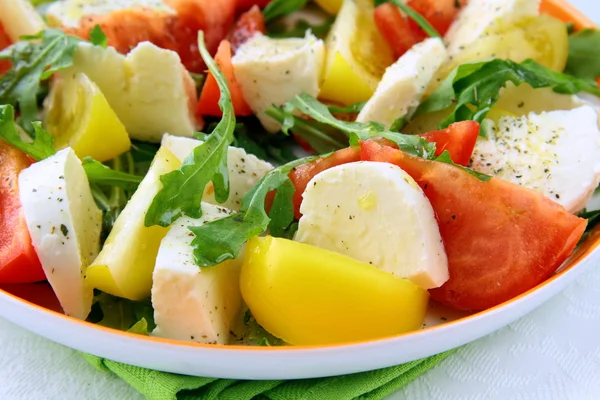 Salada Com Tomate Queijo Rúcula Azeite Prato — Fotografia de Stock