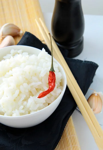 Bowl White Fluffy Rice Chopsticks Bamboo Placemat — Stock Photo, Image