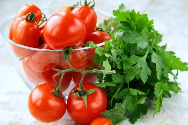 Tomate cereja e salsa — Fotografia de Stock