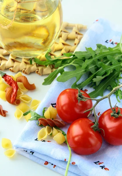 Cherry Tomatoes Bottle Olive Oil Table — Stok fotoğraf