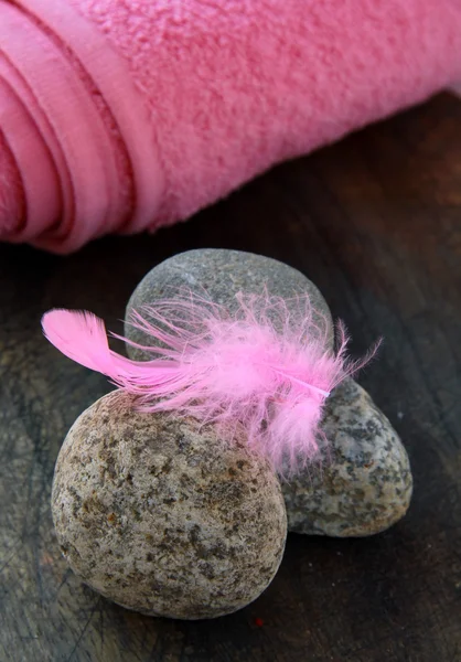 Piuma rosa sulle pietre e asciugamano rosa sullo sfondo — Foto Stock