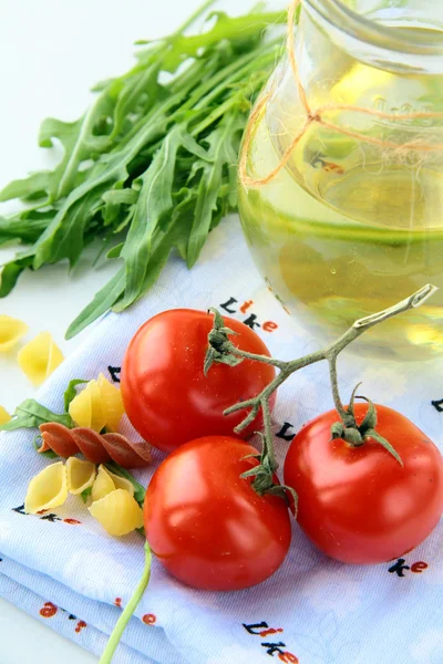 Pasta Ingredient Olive Oil Basil Tomato Italian Still Life — Stock Photo, Image
