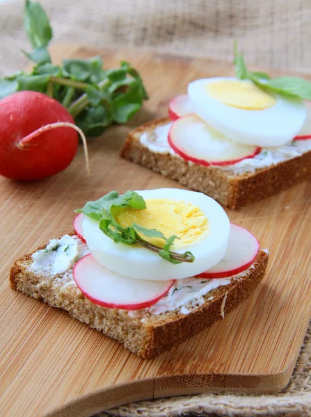 Sandwiches with eggs radishes and cottage cheese — Stock Photo, Image