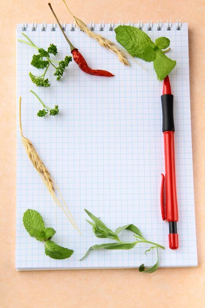 Ноутбук с ручкой и свежими специями и овощами — стоковое фото