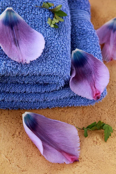 Toalhas roxas e pétalas de flores conceito spa — Fotografia de Stock