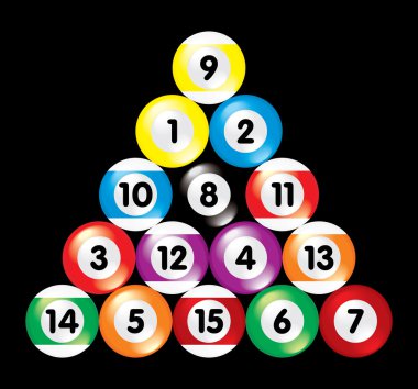 Arranged billiard balls on black background clipart