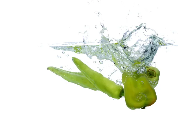 Fresh green chili paprika splash water — Stock Photo, Image