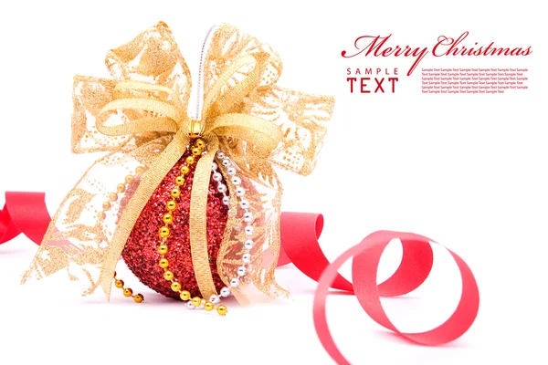 Red christmas balls and gold bow ribbon — Stock Photo, Image