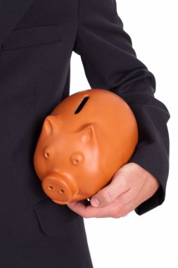 Man holds a piggy bank clipart