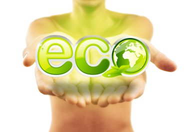 Hands holding eco sign with green leafs clipart