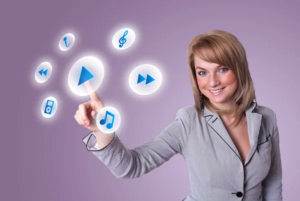Woman pressing PLAY button — Stock Photo, Image