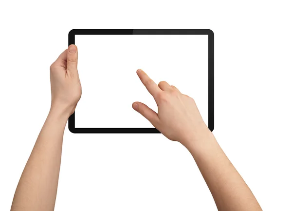 Una mano masculina sosteniendo un touchpad pc, un dedo toca la pantalla —  Fotos de Stock