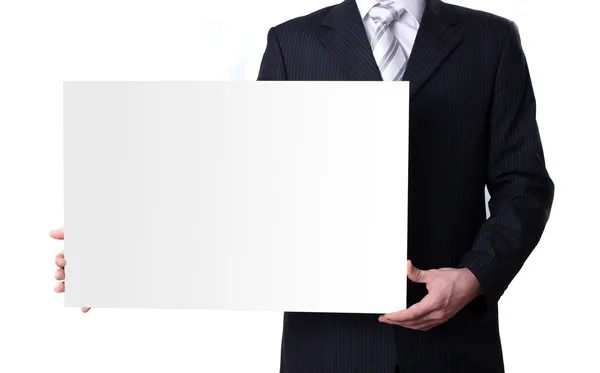 Man holding a blank white board — Stock Photo, Image