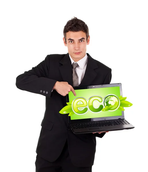 Ο άνθρωπος των επιχειρήσεων eco φορητό υπολογιστή που να υποδεικνύουν — Φωτογραφία Αρχείου