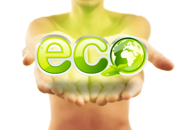 stock image Hands holding eco sign with green leafs