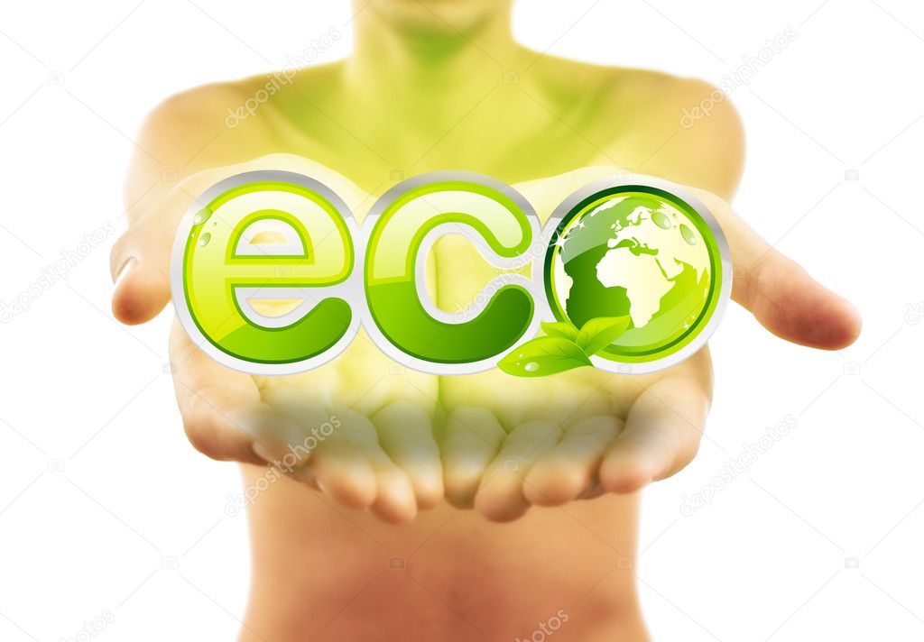 Hands holding eco sign with green leafs
