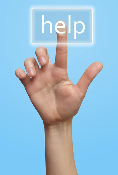 Mão e botão de ajuda — Fotografia de Stock
