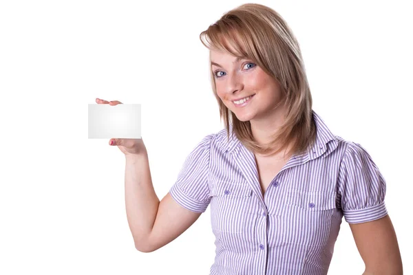 Portrait of a beautiful business woman holding a blank notecard — Stock Photo, Image
