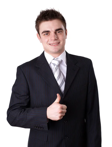 Portrét šťastný mladý obchodník ukazuje palec nahoru znamení — Stock fotografie