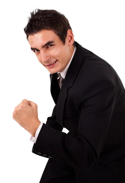 彼の腕を上げると非常に幸せなエネルギッシュなビジネスマン — ストック写真